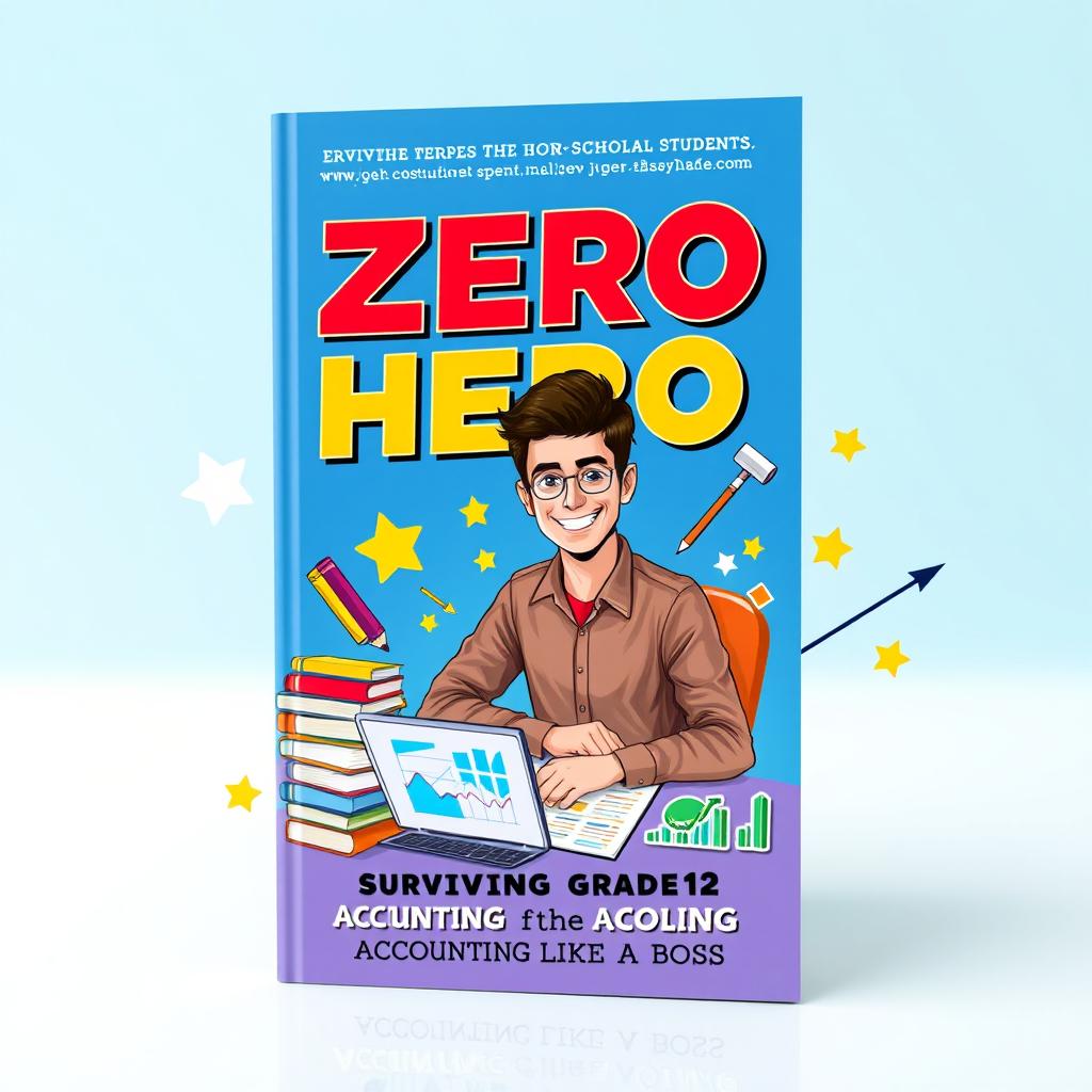 A vibrant book cover design featuring the title 'Zero to Hero: Surviving Grade 12 Accounting Like a Boss' prominently displayed in bold, eye-catching typography