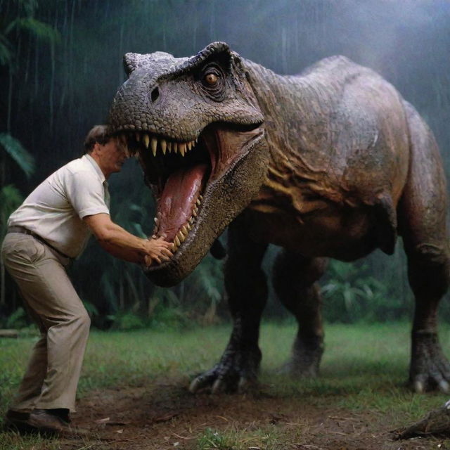 Capture the intense moment where the T-Rex manages to clamp its jaws around Dr. Alan Grant's leg amidst their confrontation. The pain and shock on Grant's face intensify the thrills in this climactic event in Jurassic Park's stormy night.