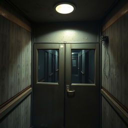 An eerie elevator inside a decaying, haunted building