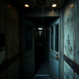 An eerie elevator inside a decaying, haunted building