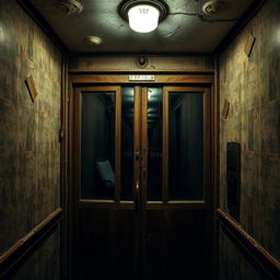 An eerie elevator inside a decaying, haunted building