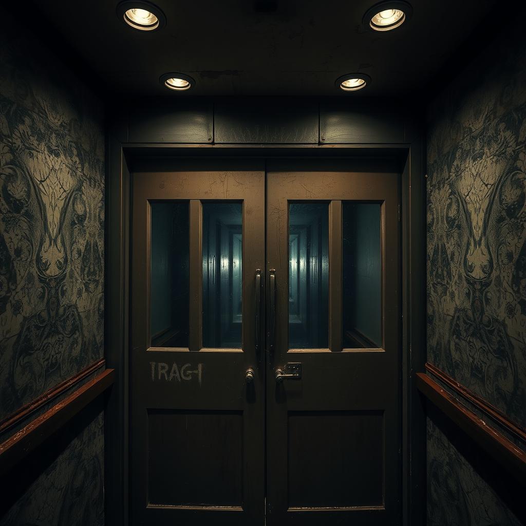 An eerie elevator inside a decaying, haunted building