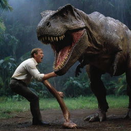 Capture the intense moment where the T-Rex manages to clamp its jaws around Dr. Alan Grant's leg amidst their confrontation. The pain and shock on Grant's face intensify the thrills in this climactic event in Jurassic Park's stormy night.