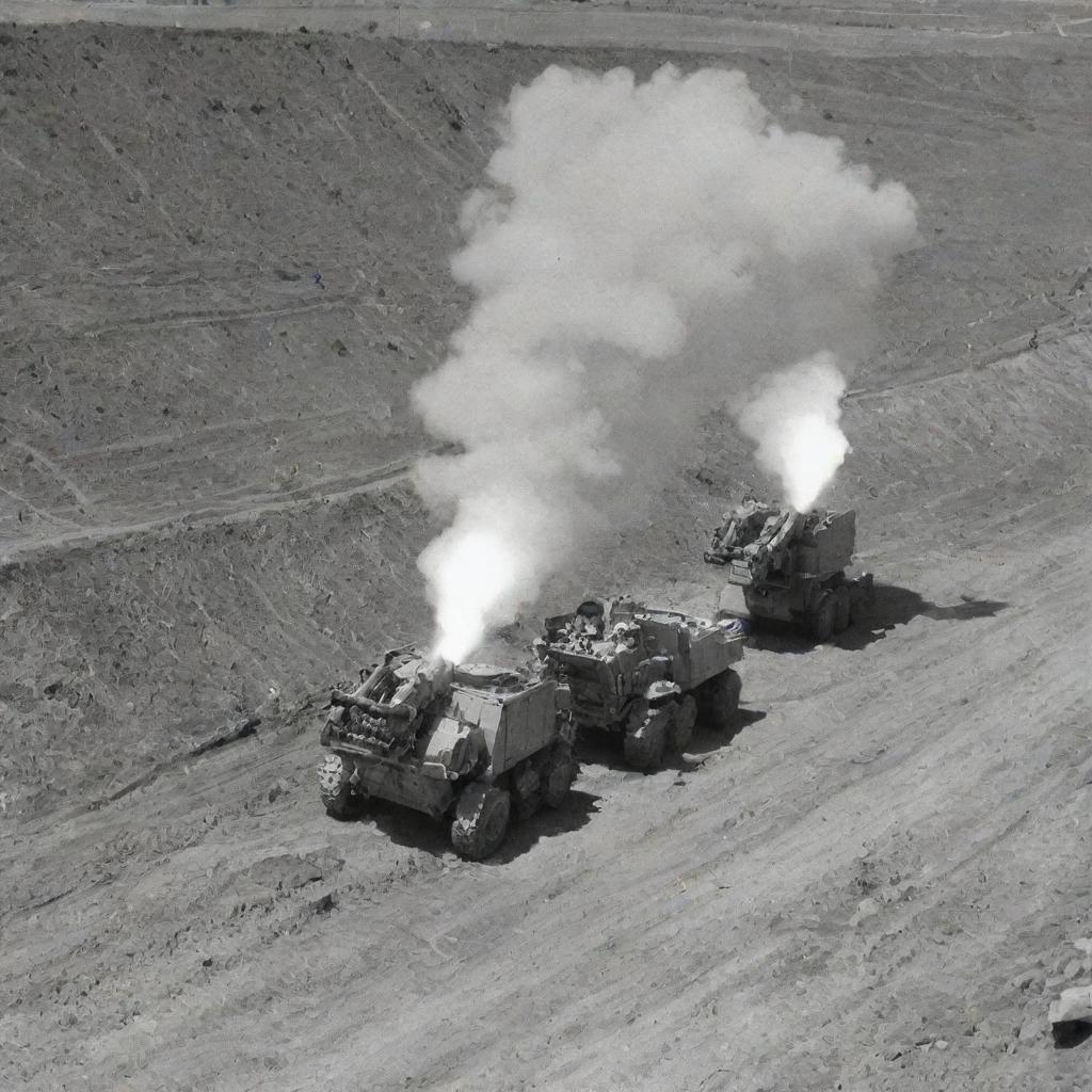 Multiple rocket launcher system nestled in a trench engaging in bombardment