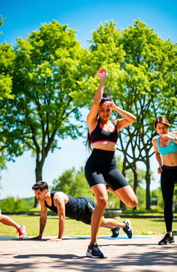 A dynamic scene showcasing a group of diverse individuals performing various bodyweight exercises in a sunny outdoor park