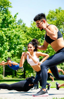 A dynamic scene showcasing a group of diverse individuals performing various bodyweight exercises in a sunny outdoor park