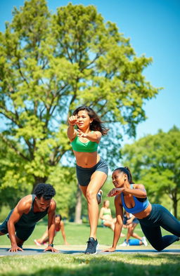 A dynamic scene showcasing a group of diverse individuals performing various bodyweight exercises in a sunny outdoor park