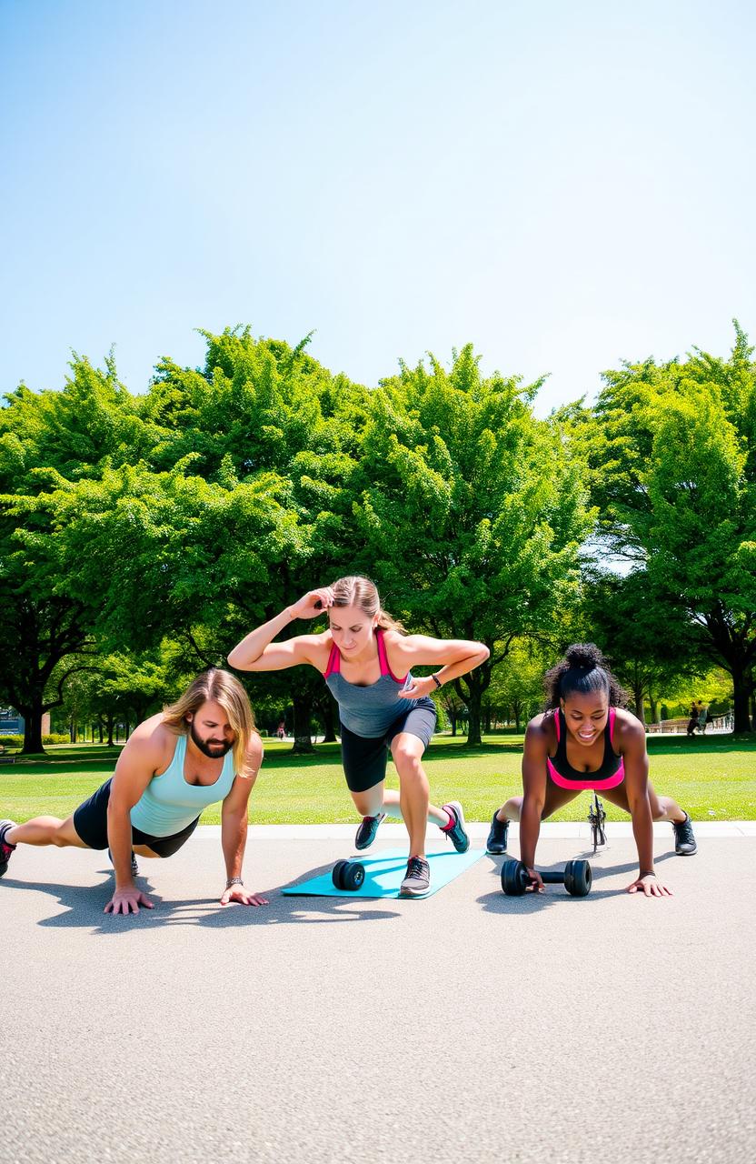 A dynamic scene showcasing a group of diverse individuals performing various bodyweight exercises in a sunny outdoor park