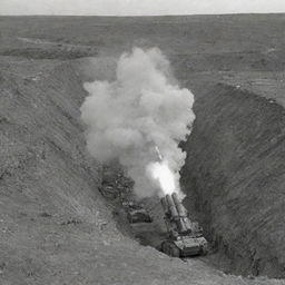 Multiple rocket launcher system nestled in a trench engaging in bombardment