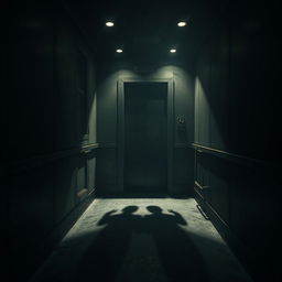 A terrifying elevator scene where the interior is drenched in darkness, with only dim, flickering lights barely illuminating the space