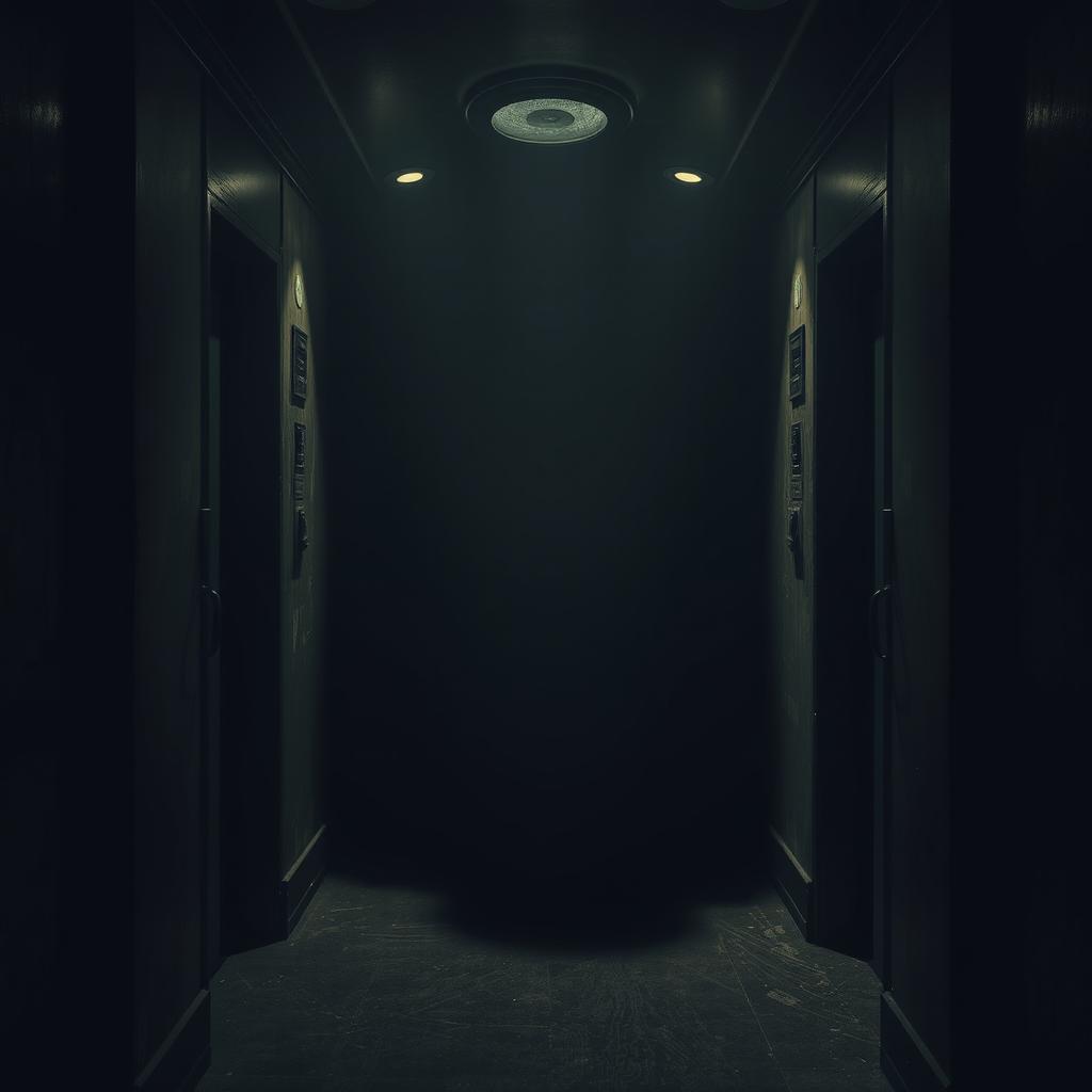 A terrifying elevator scene where the interior is drenched in darkness, with only dim, flickering lights barely illuminating the space