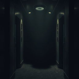 A terrifying elevator scene where the interior is drenched in darkness, with only dim, flickering lights barely illuminating the space