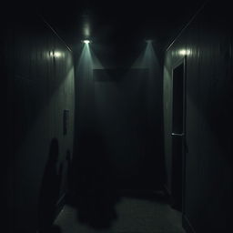 A terrifying elevator scene where the interior is drenched in darkness, with only dim, flickering lights barely illuminating the space