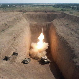 Multiple rocket launcher system nestled in a trench engaging in bombardment