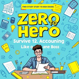 A visually appealing study guide cover featuring the title 'Zero to Hero: Surviving Grade 12 Accounting Like a Boss' prominently displayed in a fun and engaging font