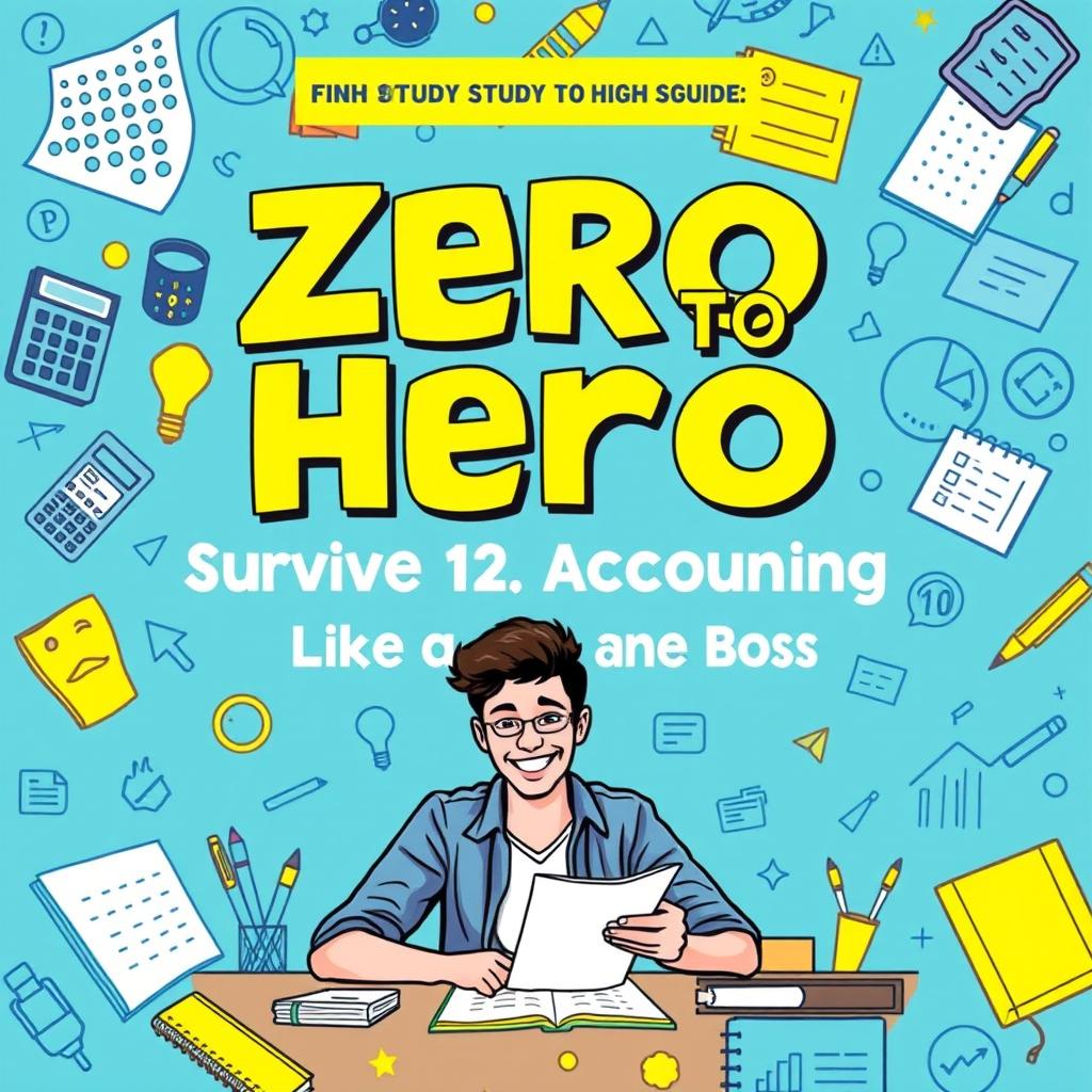 A visually appealing study guide cover featuring the title 'Zero to Hero: Surviving Grade 12 Accounting Like a Boss' prominently displayed in a fun and engaging font