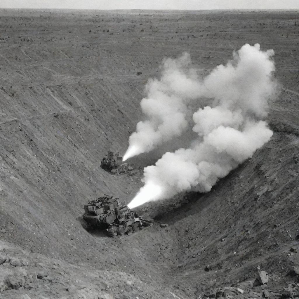 Multiple rocket launcher system nestled in a trench engaging in bombardment