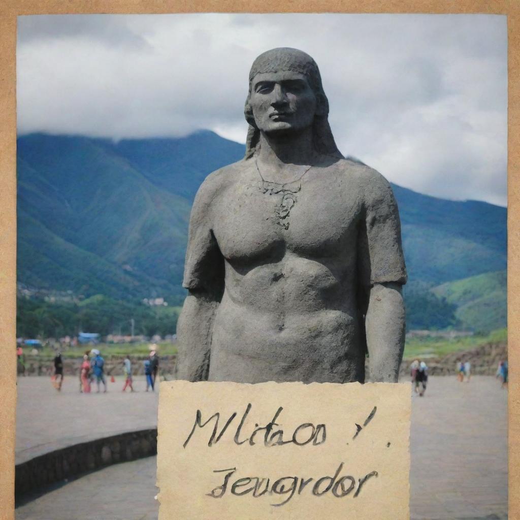 A piece of paper overlaid on a background image of Mitad del Mundo statue in Ecuador. The paper has the Spanish phrase 'Nata, el amor que Sergio siente por ti es tan grande que llegó hasta Ecuador' written in Arial font.