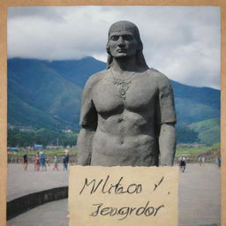 A piece of paper overlaid on a background image of Mitad del Mundo statue in Ecuador. The paper has the Spanish phrase 'Nata, el amor que Sergio siente por ti es tan grande que llegó hasta Ecuador' written in Arial font.