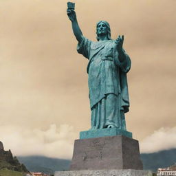 A piece of paper overlaid on a background image of Mitad del Mundo statue in Ecuador. The paper has the Spanish phrase 'Nata, el amor que Sergio siente por ti es tan grande que llegó hasta Ecuador' written in Arial font.