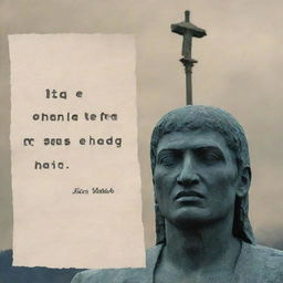 A piece of paper overlaid on a background image of Mitad del Mundo statue in Ecuador. The paper has the Spanish phrase 'Nata, el amor que Sergio siente por ti es tan grande que llegó hasta Ecuador' written in Arial font.