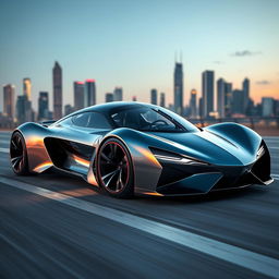 A futuristic supercar concept with sleek aerodynamic lines, a bold front fascia featuring sharp LED headlights, and a unique, glossy paint finish that shimmers in sunlight