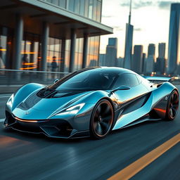 A futuristic supercar concept with sleek aerodynamic lines, a bold front fascia featuring sharp LED headlights, and a unique, glossy paint finish that shimmers in sunlight