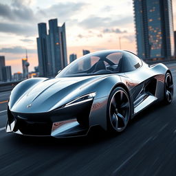 A futuristic supercar concept with sleek aerodynamic lines, a bold front fascia featuring sharp LED headlights, and a unique, glossy paint finish that shimmers in sunlight