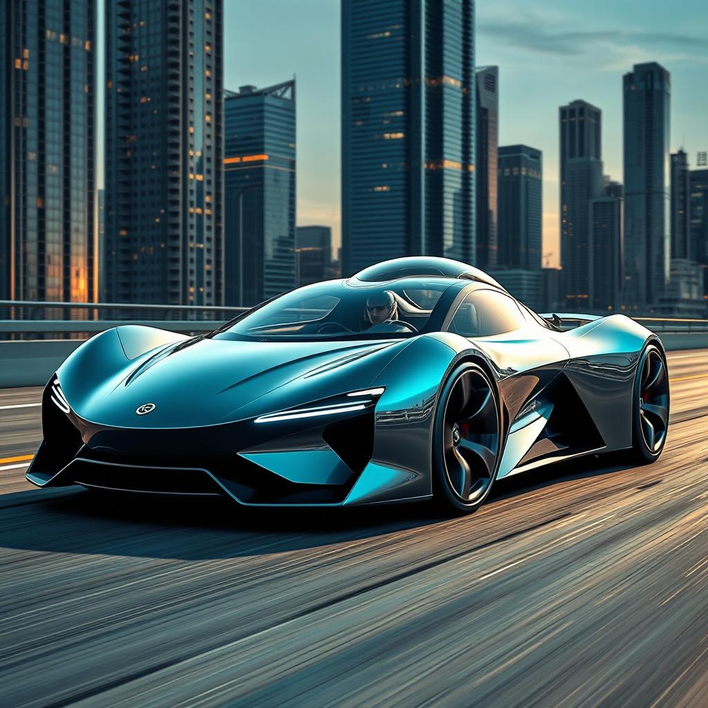 A futuristic supercar concept with sleek aerodynamic lines, a bold front fascia featuring sharp LED headlights, and a unique, glossy paint finish that shimmers in sunlight