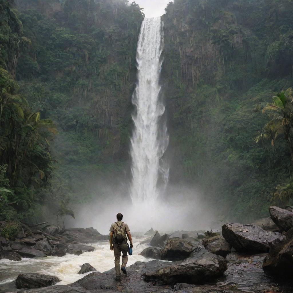 Illustrate Dr. Alan Grant, visibly injured, determinedly making his way to the helipad by the waterfall. The raging waterfall and the frantic energy of the scene encapsulate the terrors and wonders of Isla Nublar's Jurassic Park.