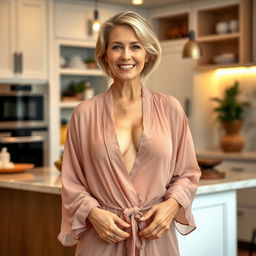 A 46-year-old woman in a kitchen, wearing a thin, sheer robe that gracefully drapes over her figure, subtly revealing the outlines of her nipples