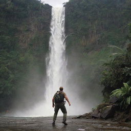 Illustrate Dr. Alan Grant, visibly injured, determinedly making his way to the helipad by the waterfall. The raging waterfall and the frantic energy of the scene encapsulate the terrors and wonders of Isla Nublar's Jurassic Park.