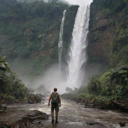 Illustrate Dr. Alan Grant, visibly injured, determinedly making his way to the helipad by the waterfall. The raging waterfall and the frantic energy of the scene encapsulate the terrors and wonders of Isla Nublar's Jurassic Park.