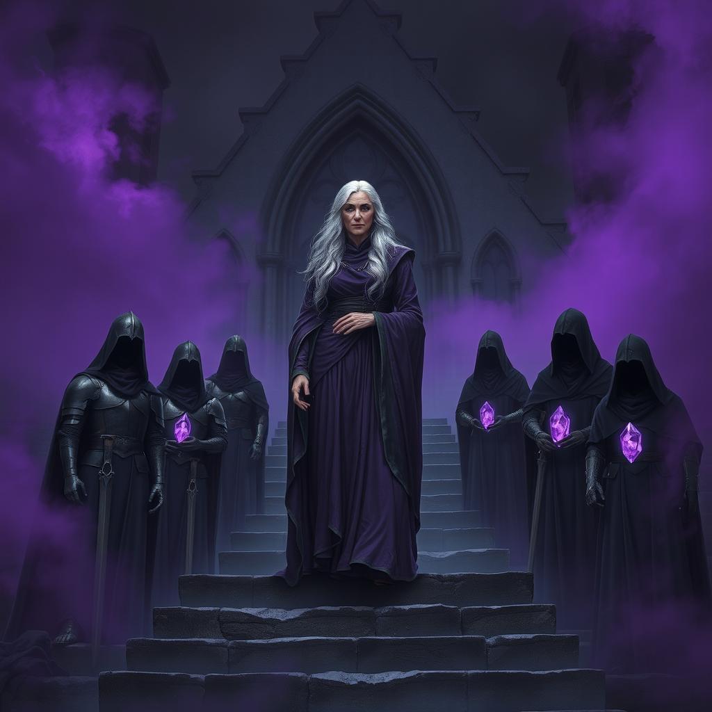 An elder mage woman with long silver hair wearing a flowing purple robe confidently stands on a stone stairwell leading to a ruined chapel