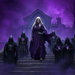 An elder mage woman with long silver hair wearing a flowing purple robe confidently stands on a stone stairwell leading to a ruined chapel