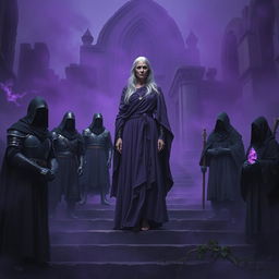 An elder mage woman with long silver hair wearing a flowing purple robe confidently stands on a stone stairwell leading to a ruined chapel