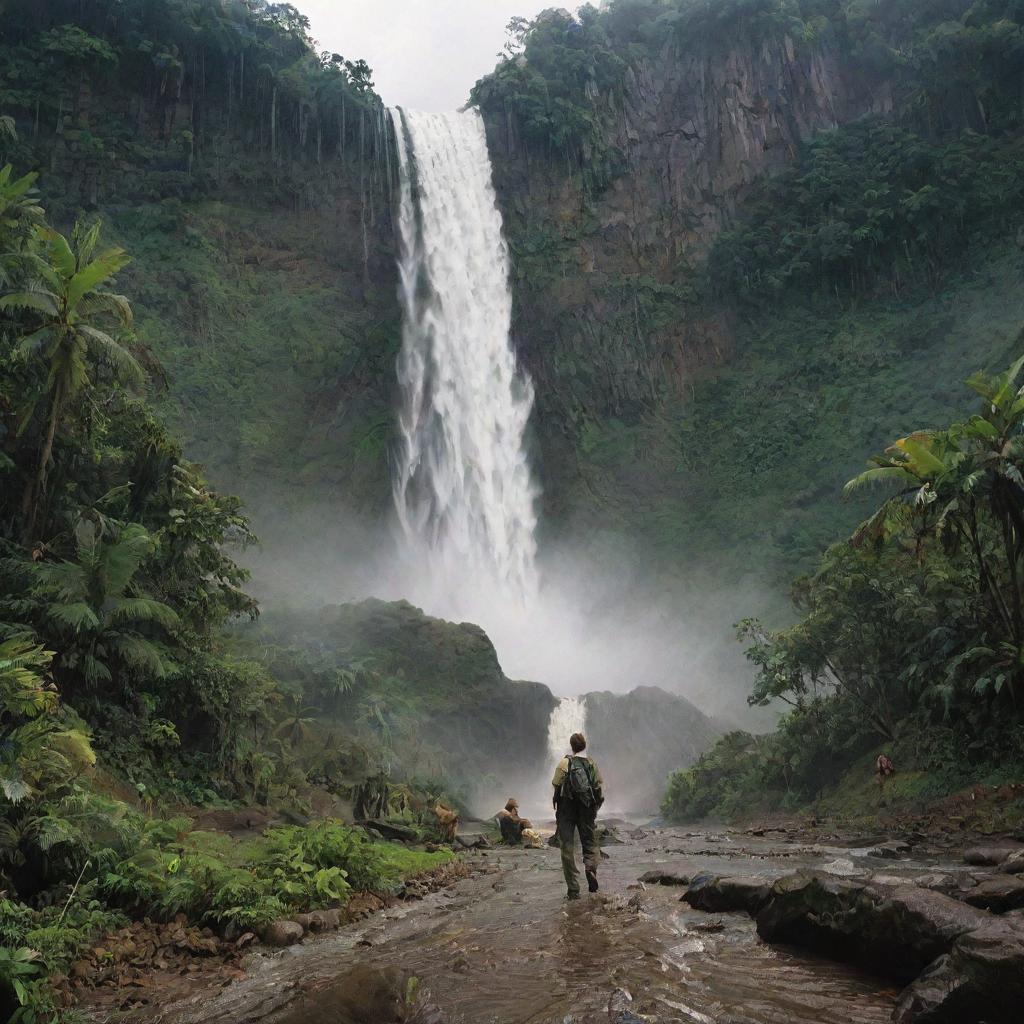 Illustrate Dr. Alan Grant, visibly injured, determinedly making his way to the helipad by the waterfall. The raging waterfall and the frantic energy of the scene encapsulate the terrors and wonders of Isla Nublar's Jurassic Park.