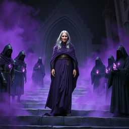 An elder mage woman with long silver hair wearing a flowing purple robe confidently stands on a stone stairwell leading to a ruined chapel