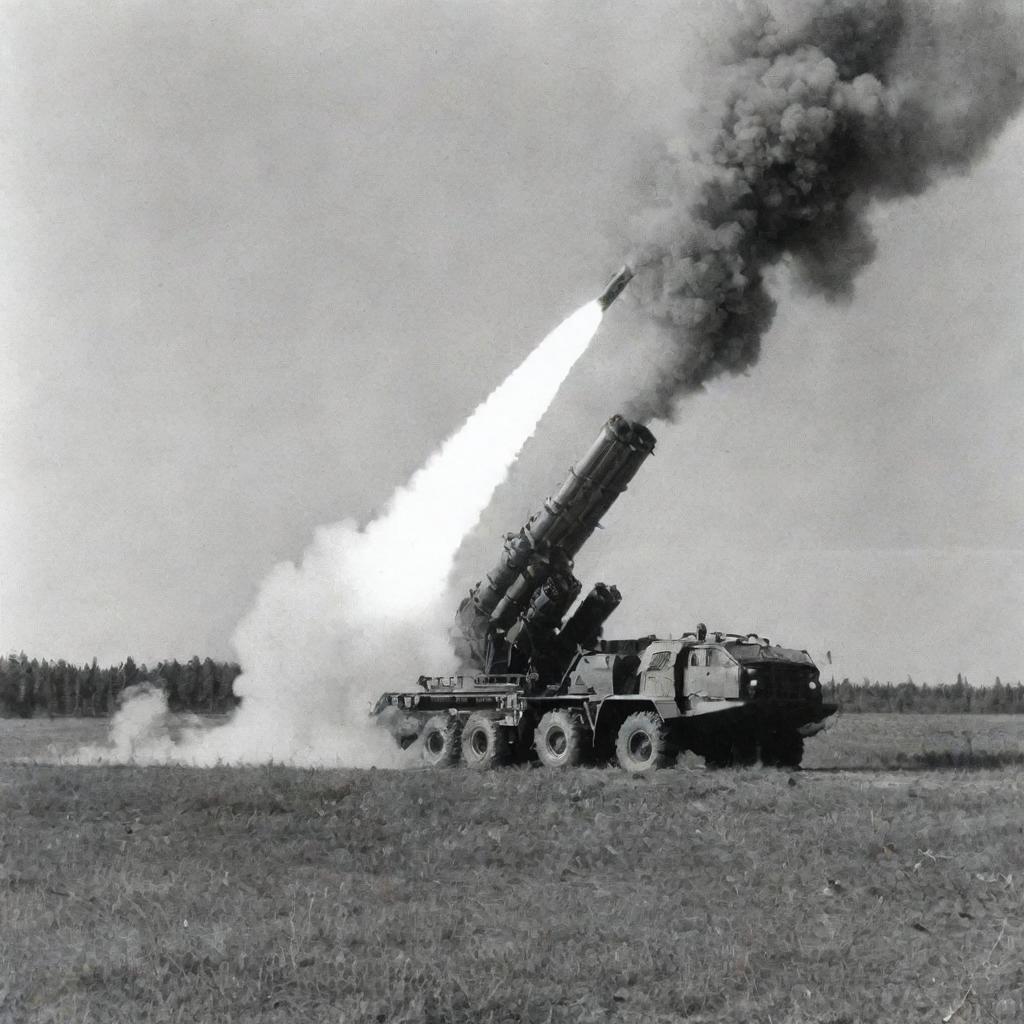 Soviet 'Katyusha' multiple rocket launcher initiating a barrage