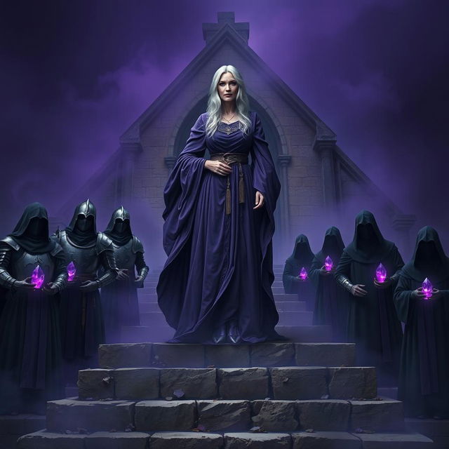 An elder mage woman with long silver hair confidently stands on a stone stairwell leading to a ruined chapel