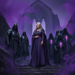 An elder mage woman with long silver hair confidently stands on a stone stairwell leading to a ruined chapel