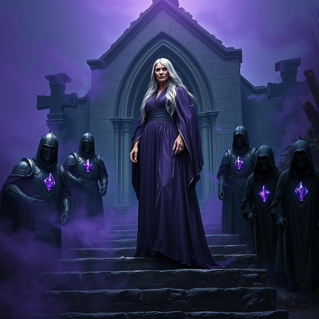 An elder mage woman with long silver hair confidently stands on a stone stairwell leading to a ruined chapel