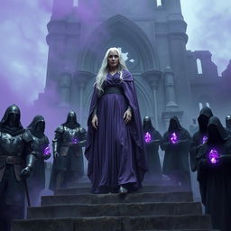 An elder mage woman with long silver hair confidently stands on a stone stairwell leading to a ruined chapel