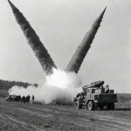 Soviet 'Katyusha' multiple rocket launcher initiating a barrage