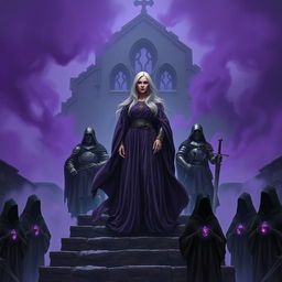 An elder mage woman with long silver hair wearing a flowing purple robe confidently stands on a stone stairwell that leads to a ruined chapel