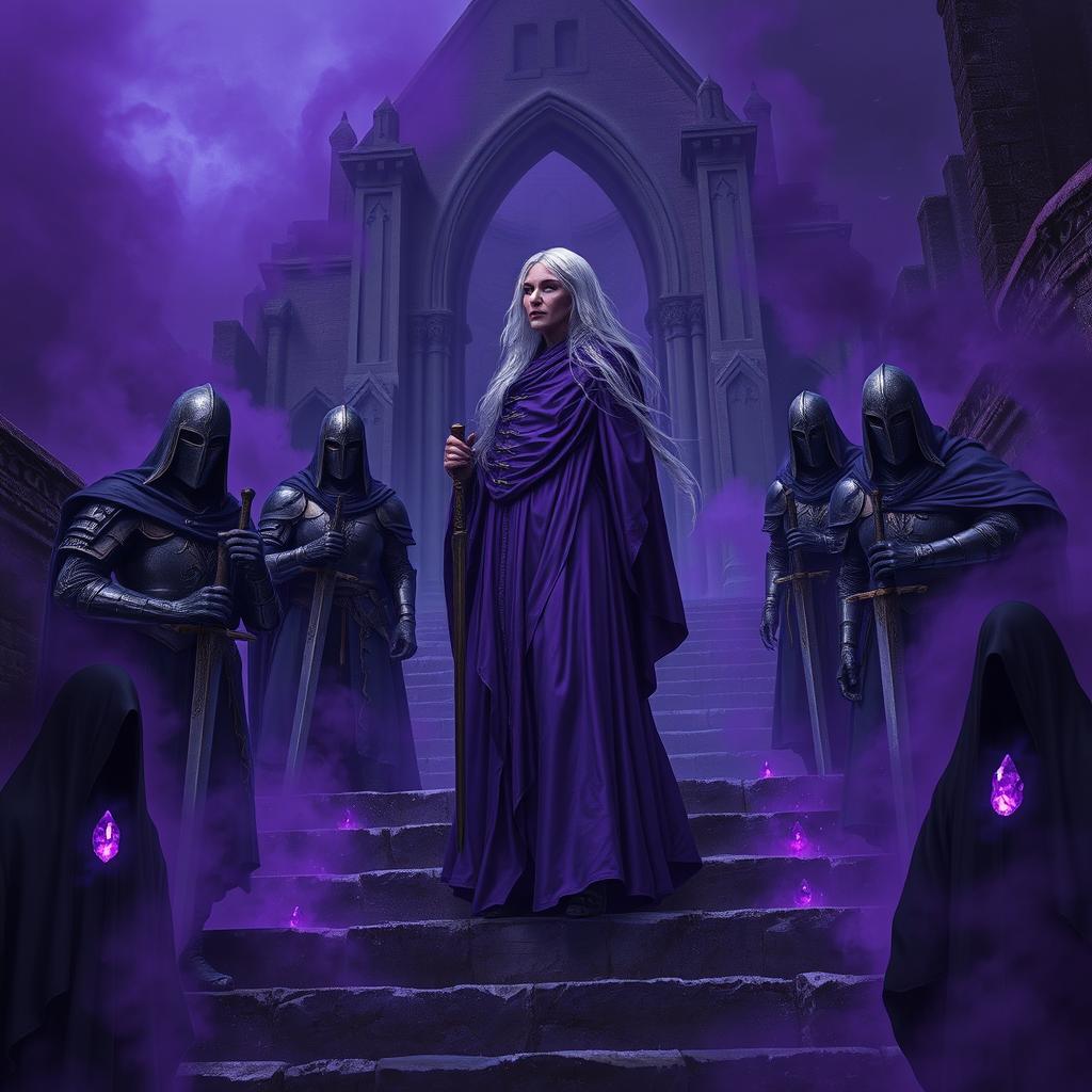 An elder mage woman with long silver hair wearing a flowing purple robe confidently stands on a stone stairwell that leads to a ruined chapel