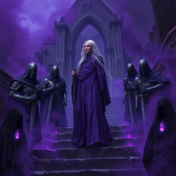 An elder mage woman with long silver hair wearing a flowing purple robe confidently stands on a stone stairwell that leads to a ruined chapel