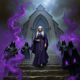 An elder mage woman with long silver hair wearing a flowing purple robe confidently stands on a stone stairwell that leads to a ruined chapel