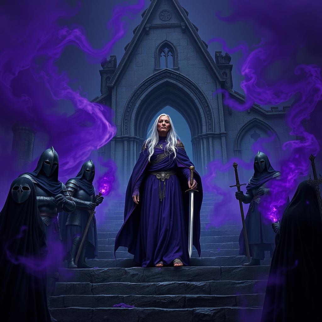 An elder mage woman with long silver hair wearing a flowing purple robe confidently stands on a stone stairwell that leads to a ruined chapel