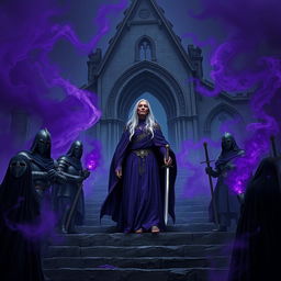 An elder mage woman with long silver hair wearing a flowing purple robe confidently stands on a stone stairwell that leads to a ruined chapel